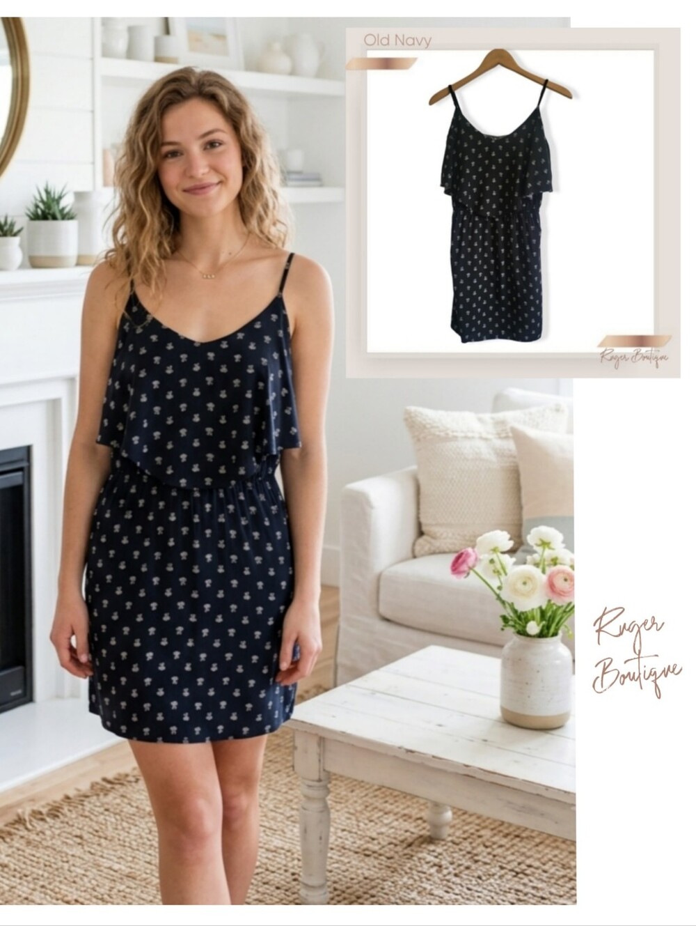 🌿Old Navy Black White Floral Ruffle Cami Mini Dress Size Small